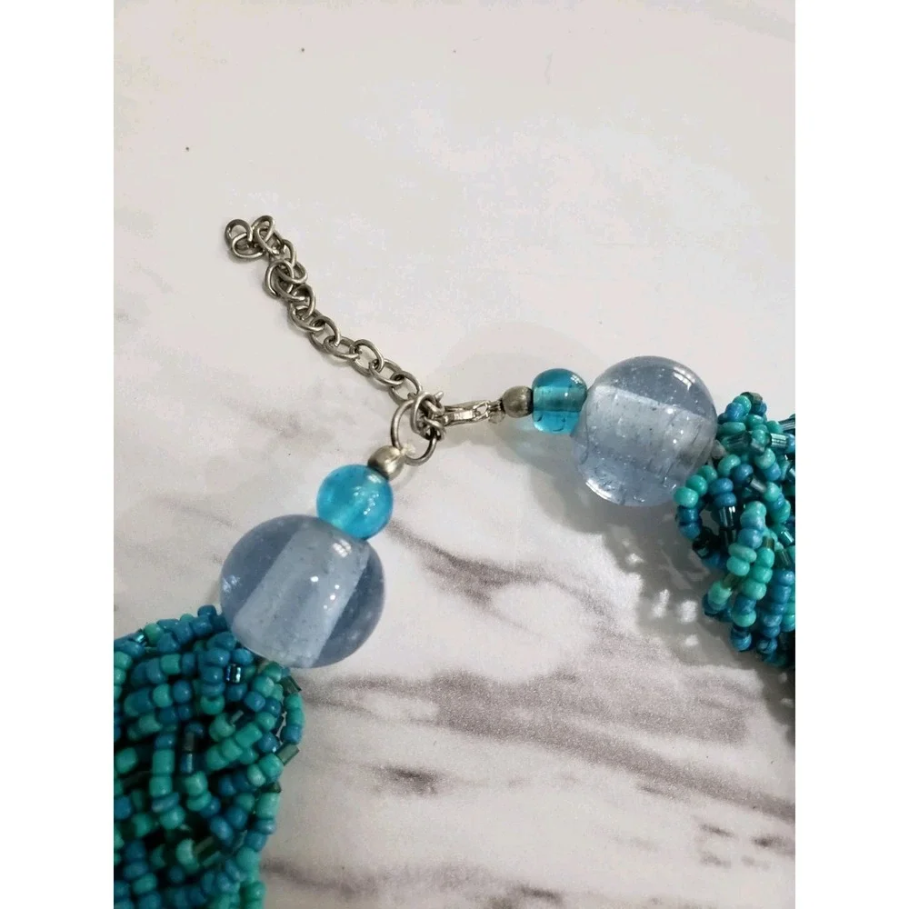 Blue Glass Seed Bead Necklace Braided Turquoise Colors‎ Boho Bohemian Chunky